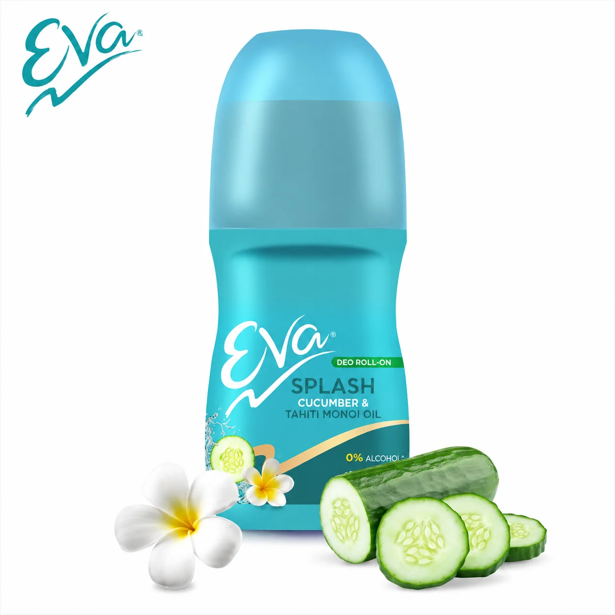 Eva Splash Deo Roll-On 50Ml | 0% Alcohol Long Lasting Freshness Deodorant for Women | Cool Cucumber & Tahiti Monoi Oil