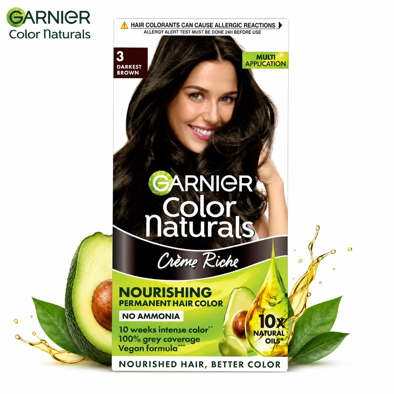 Garnier Color Naturals Crème Riche Hair Color 3 Darkest Brown | Nourishing No Ammonia Hair Dye with 100% Grey Coverage