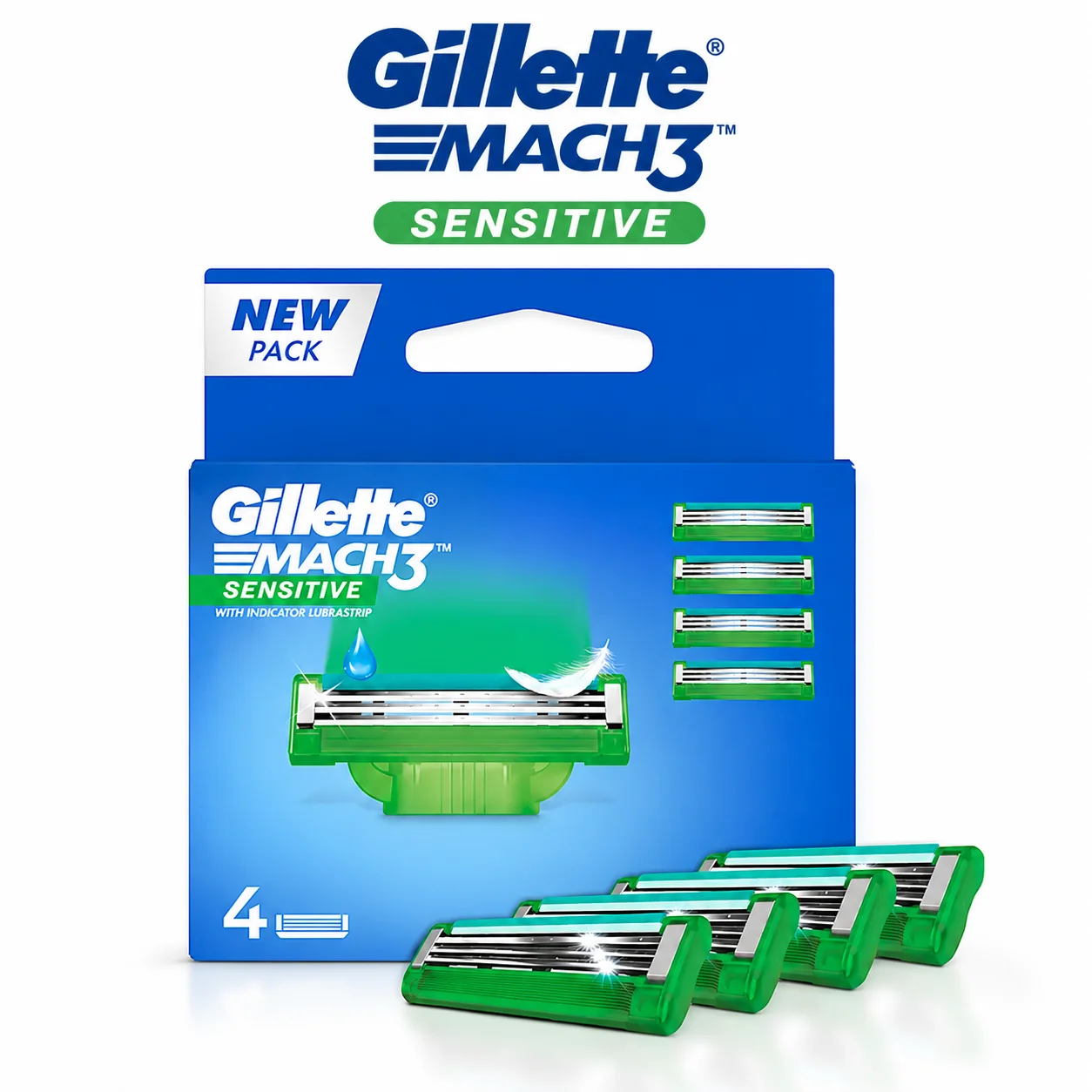 Gillette Mach3 Sensitive Cartridges 4N | Sensitive Skin Razor Refills with Aloe Lubrastrip for Smooth Comfortable Shave