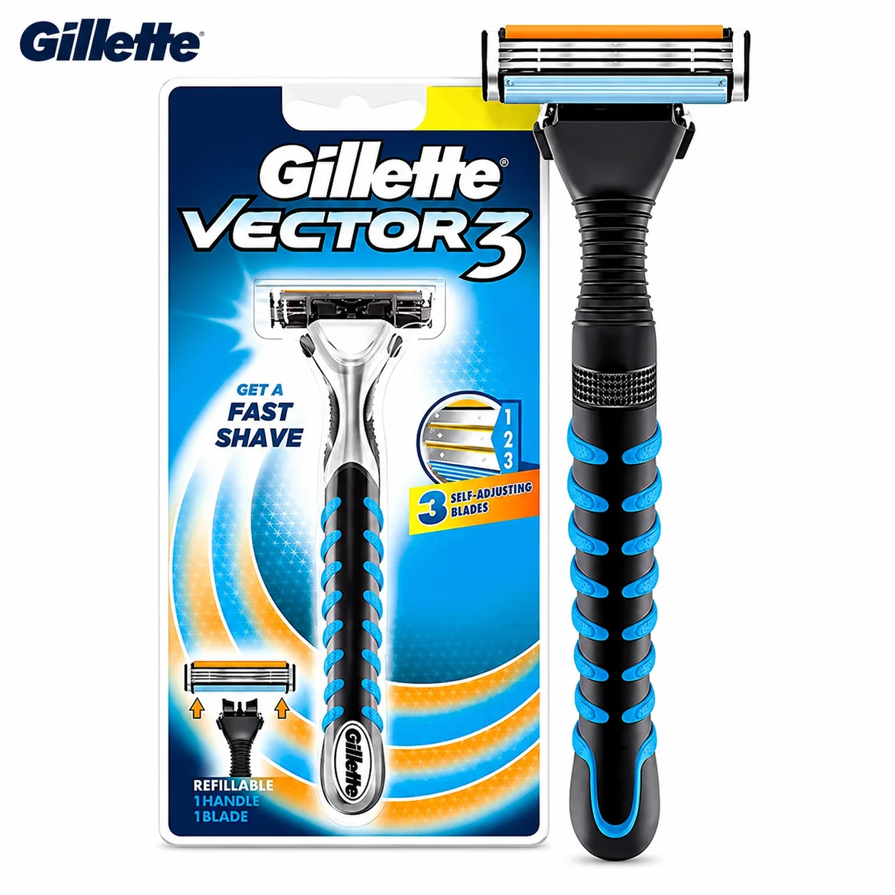 Gillette Vector 3 Razor | 3 Blade Shaving Razor for Men | Smooth & Comfortable Shave with Pivoting Head & Rubber Grip | Refillable Daily Grooming Razor
