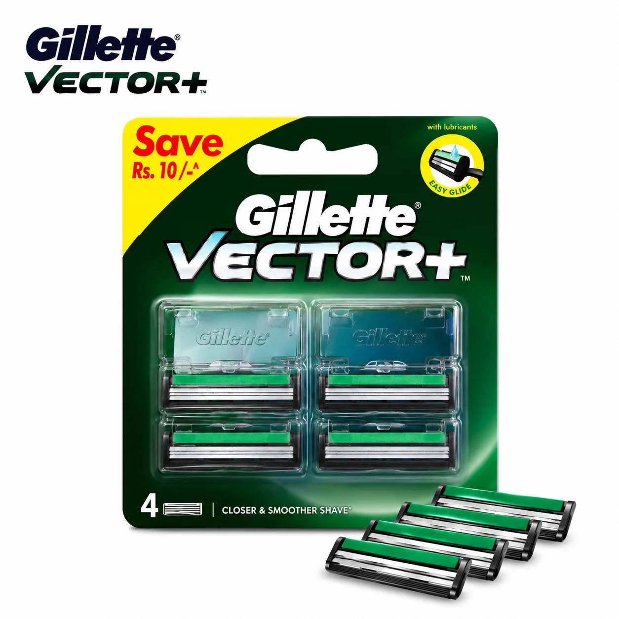 Gillette Vector+ Razor Cartridges 4N | Smooth & Comfortable Shaving Blades with Aloe Lubricating Strip for Men