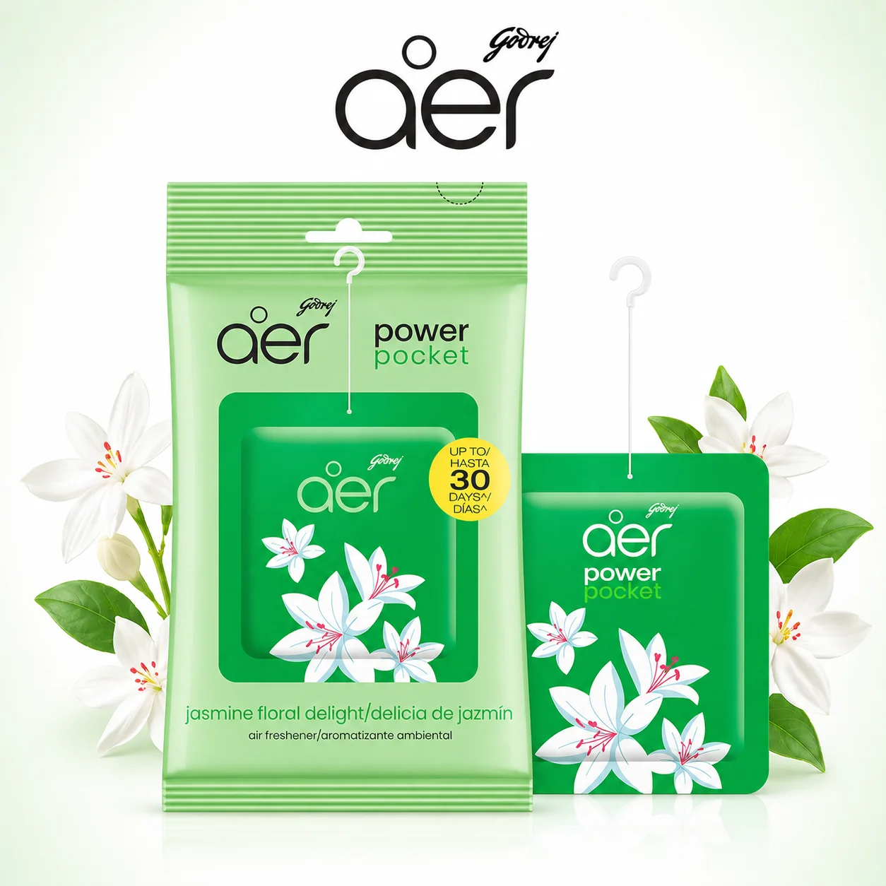 Godrej Aer Jasmine Floral Delight Power Pocket 10g | Long Lasting Air Freshener | Soothing Jasmine Fragrance for Car, Closet, Bathroom & Travel | Odour Control