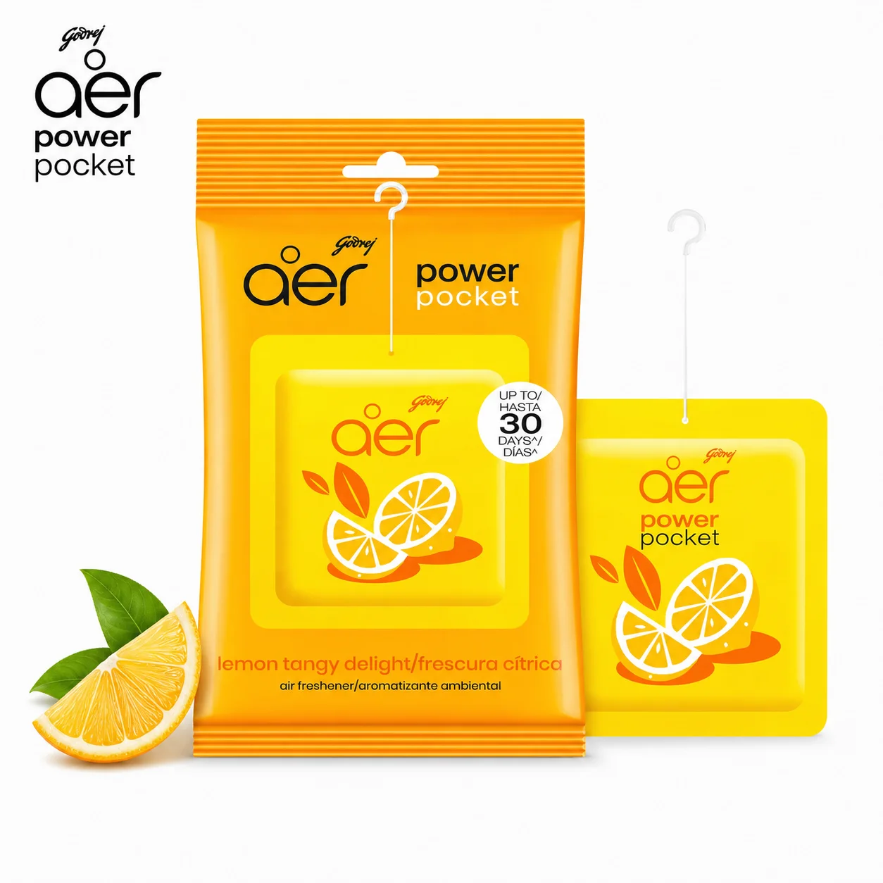 Godrej Aer Lemon Power Pocket Air Freshener | Long Lasting Citrus Fragrance | Odour Neutralizer for Bathroom, Car, Closet & Office | Easy Hang Freshener