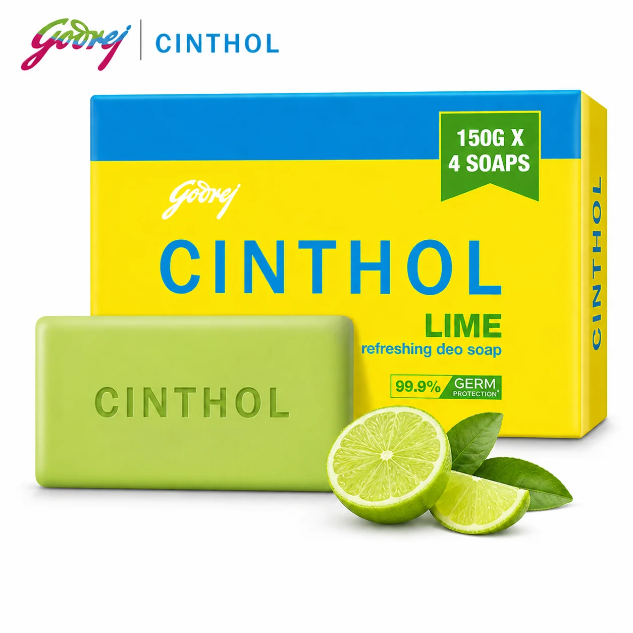 Godrej Cinthol Lime Deo Soap 75g Pack of 4 | Refreshing Lime Fragrance Bath Soap with Germ Protection for Daily Freshness