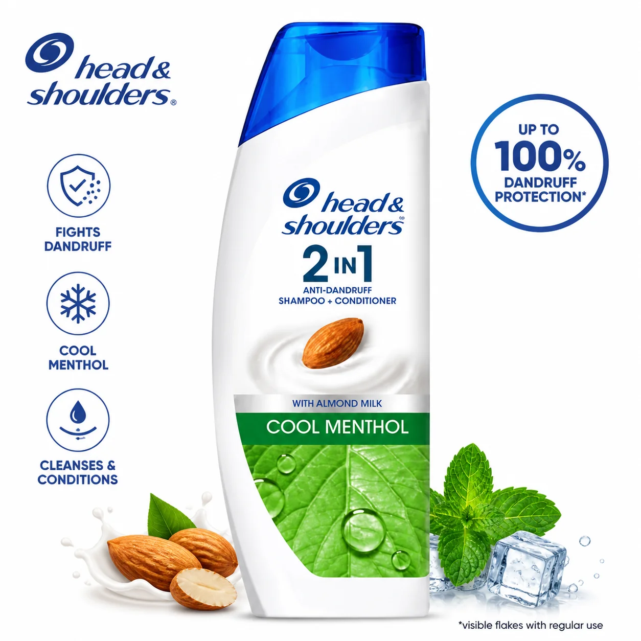 Head & Shoulders 2in1 Cool Menthol Shampoo 180ml | Anti-Dandruff Shampoo + Conditioner for Fresh, Smooth & Healthy Hair