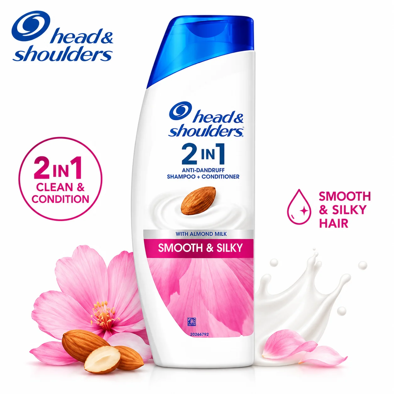 Head & Shoulders 2In1 Smooth & Silky Shampoo 180Ml | Anti-Dandruff Shampoo + Conditioner with Almond Milk for Soft Hair