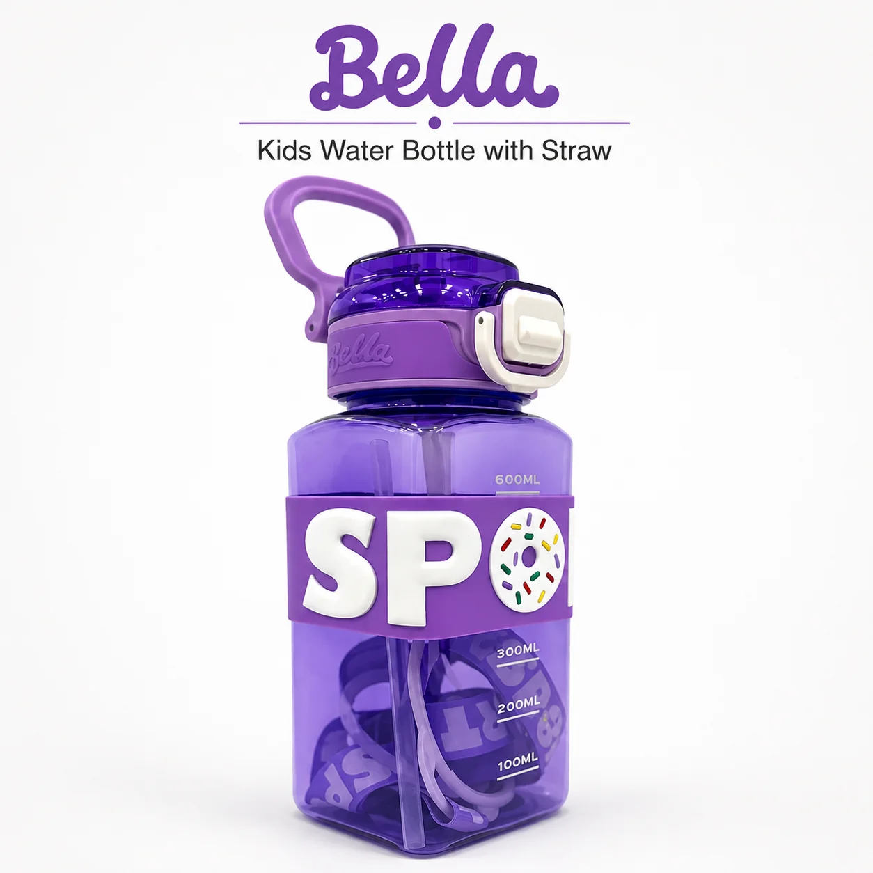 Kids Water Bottle with Straw | 600ml Leakproof BPA-Free Cartoon Bottle – Portable Handle Drinking Bottle for School, Travel & Sports