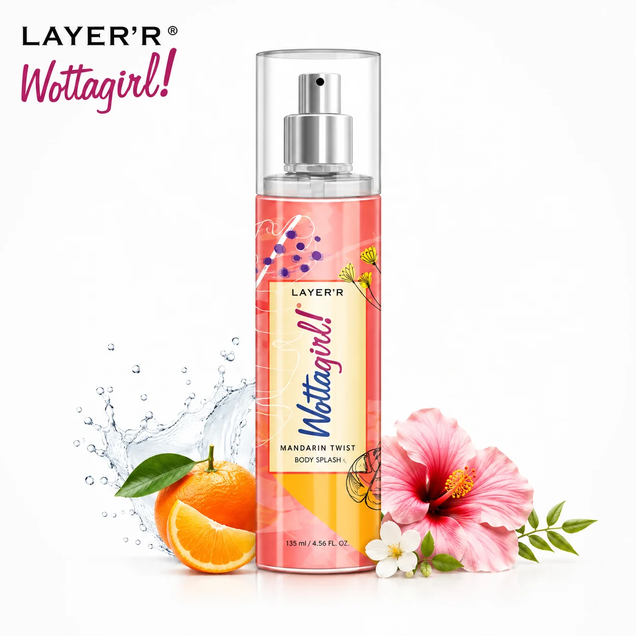 Layer’r Wottagirl Mandarin Twist Spray 135Ml | Refreshing Fruity Floral Body Splash for Women | Long Lasting Everyday Fragrance