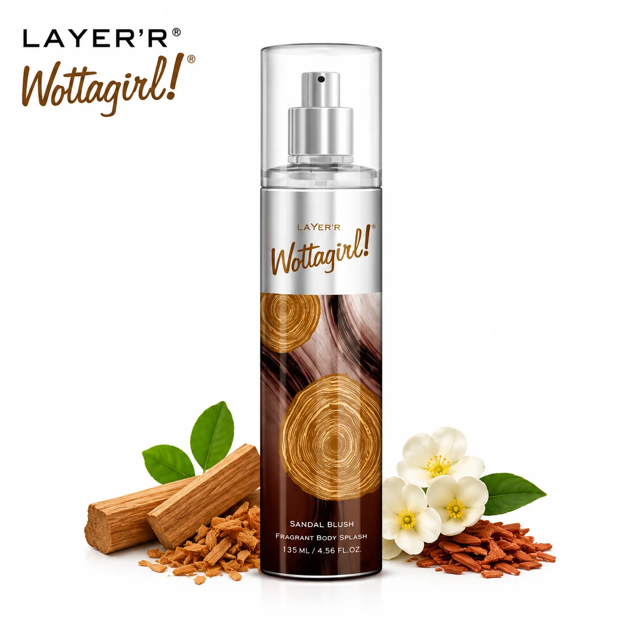 Layer’r Wottagirl Sandal Bliss Fragrant Body Splash 135ml | Long Lasting Sandalwood Perfume Spray for Women | Refreshing Everyday Fragrance & All-Day Freshness