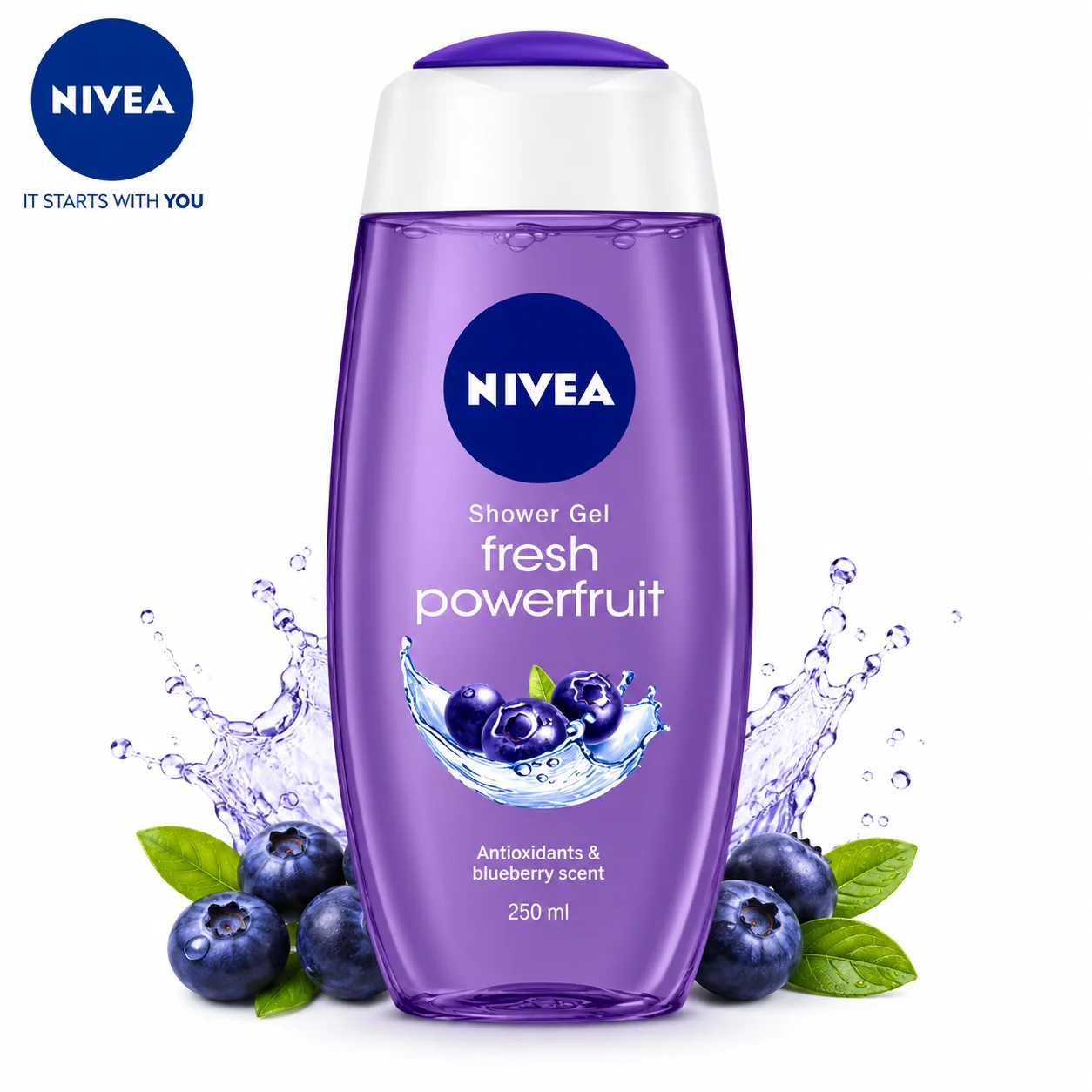 Nivea Fresh Powerfruit Shower Gel 250Ml | Fruity Blueberry Body Wash for Soft, Refreshed & Healthy Looking Skin