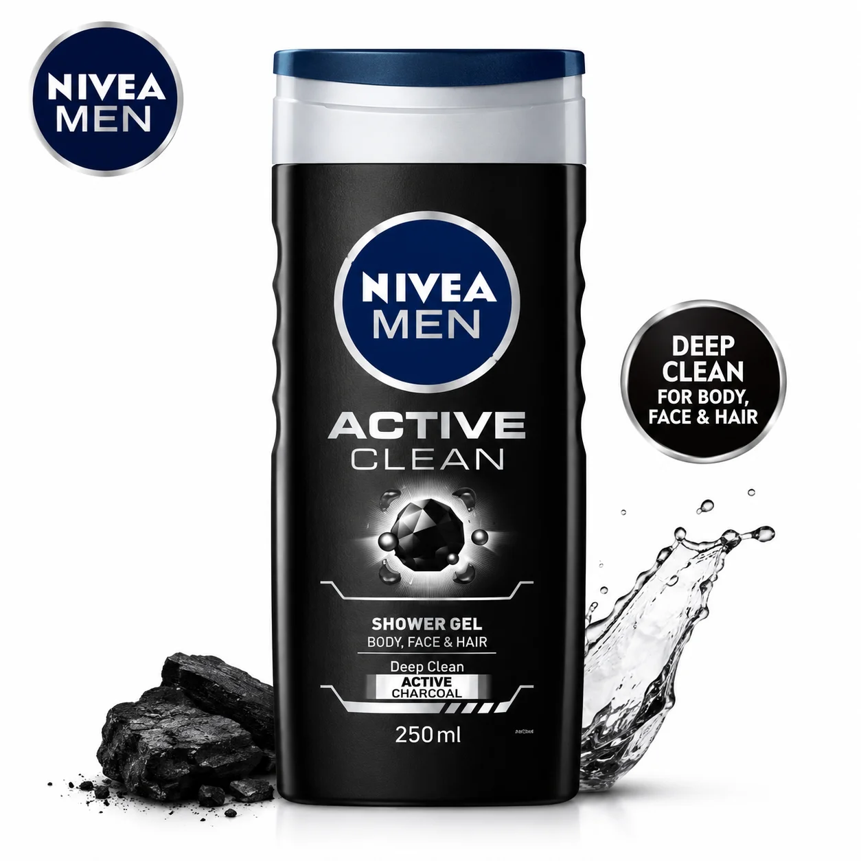 Nivea Men Active Clean 3 In 1 Shower Gel 250Ml | Deep Clean Charcoal Body Face & Hair Wash for Men