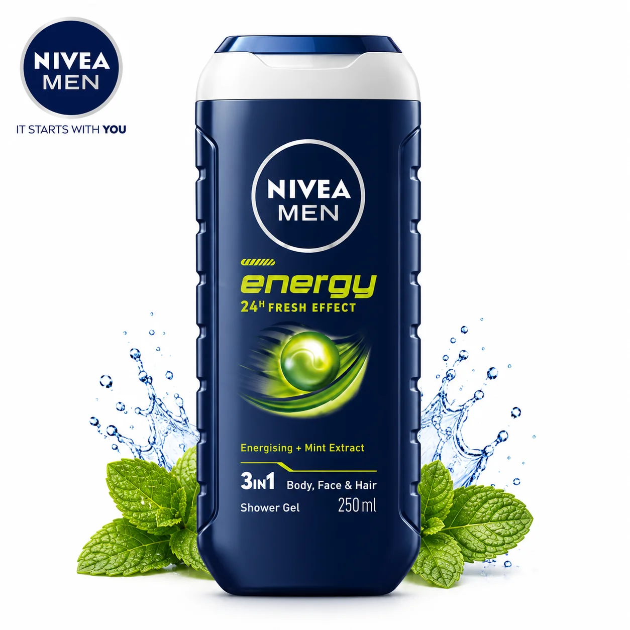 Nivea Men Energy Shower Gel 250Ml | 3-in-1 Body Face & Hair Wash with Mint Extract for 24H Freshness & Deep Clean