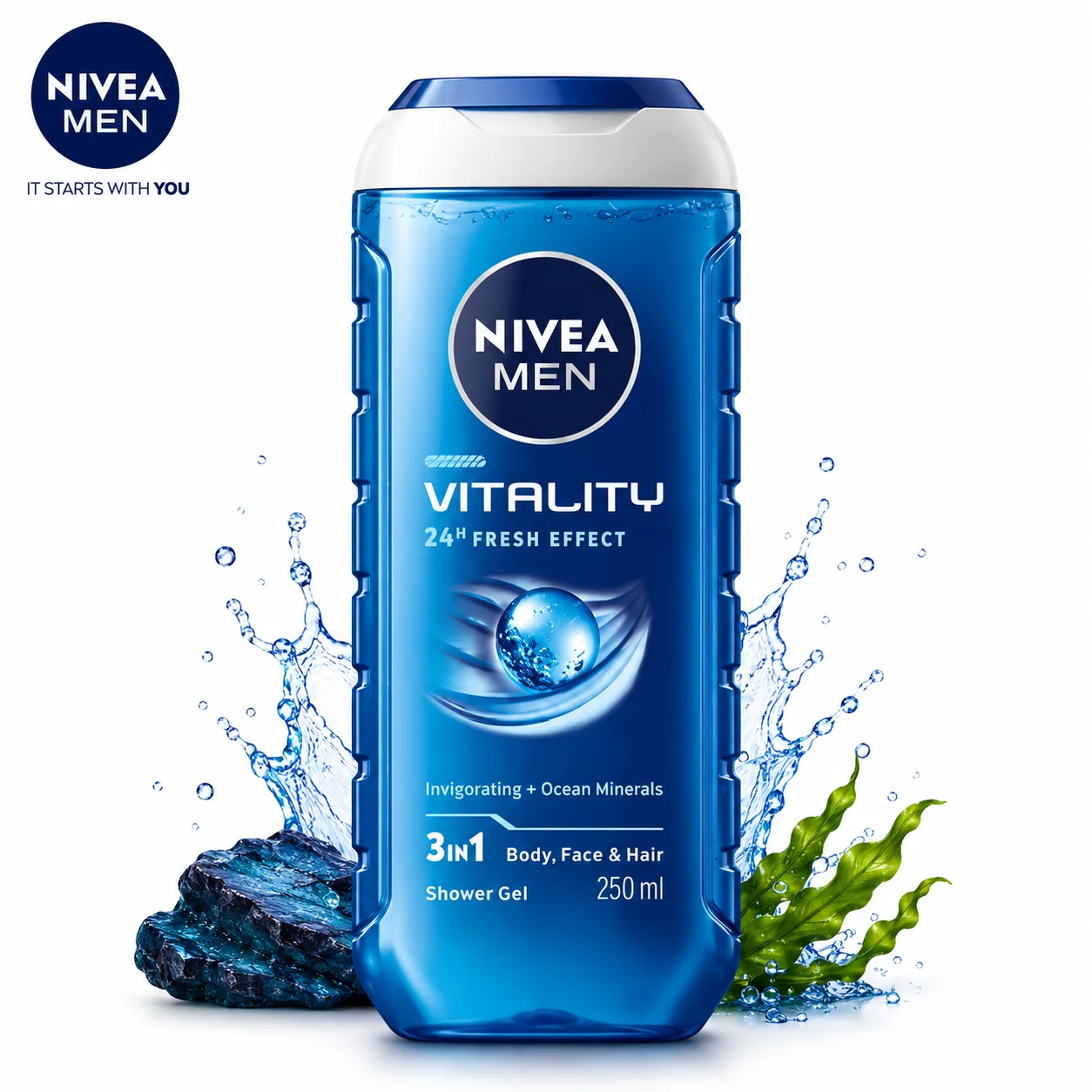 Nivea Men Vitality Shower Gel 250Ml | 3-in-1 Body Face & Hair Cleanser with Ocean Minerals for Long Lasting Freshness