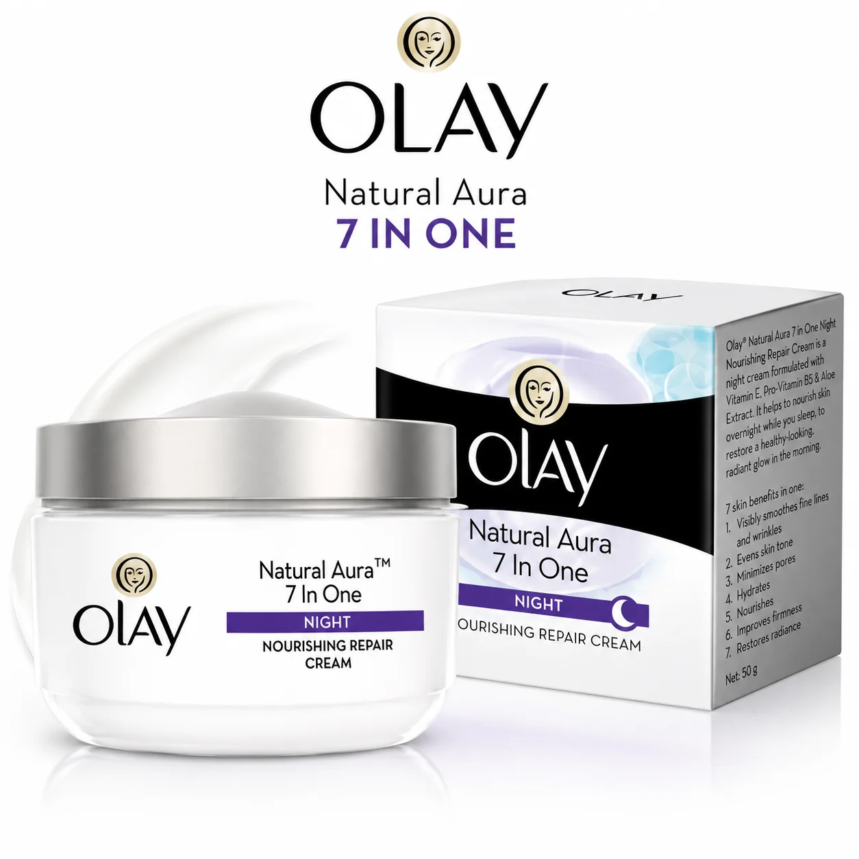 Olay Natural Aura 7 In One Night Cream 50G | Overnight Nourishing Repair Cream for Radiant, Smooth & Youthful Skin