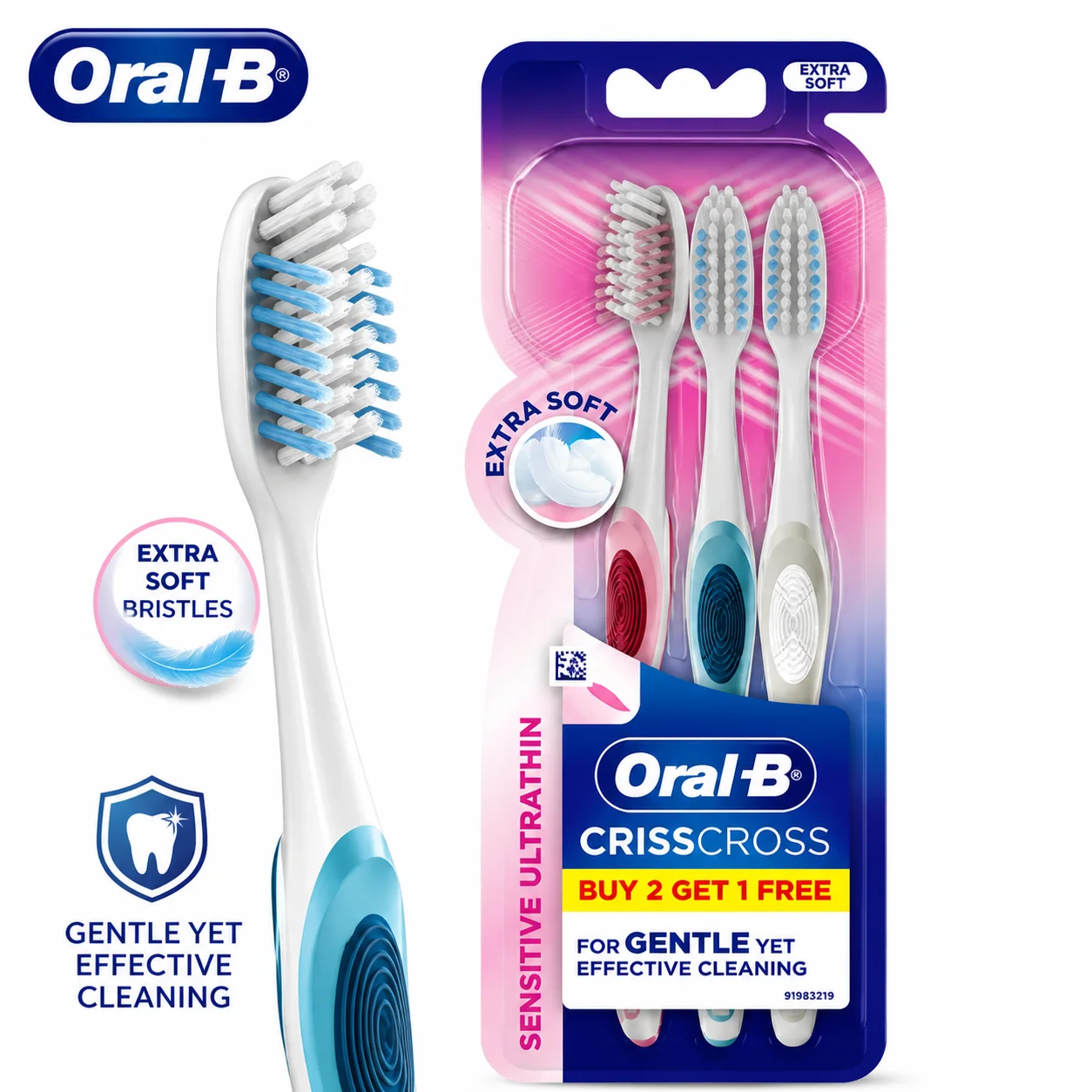 Oral-B CrissCross Sensitive Ultrathin Toothbrushes 3 Pack | Extra Soft Bristles for Sensitive Teeth & Gentle Deep Cleaning