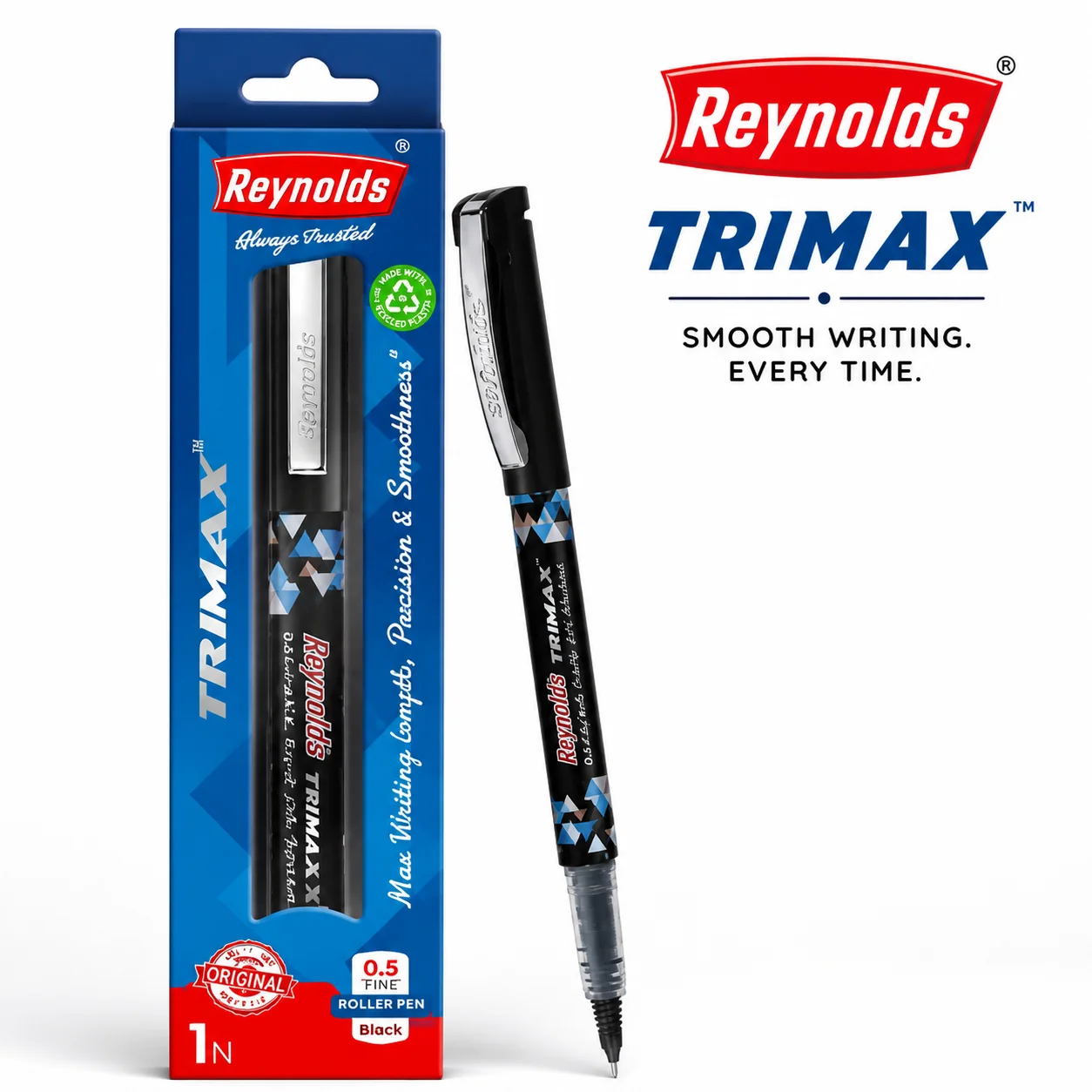 Reynolds Trimax Black Pen | 0.5mm Fine Tip Smooth Writing Pen with Comfort Grip & Refillable Design for Students, Office & Daily Use