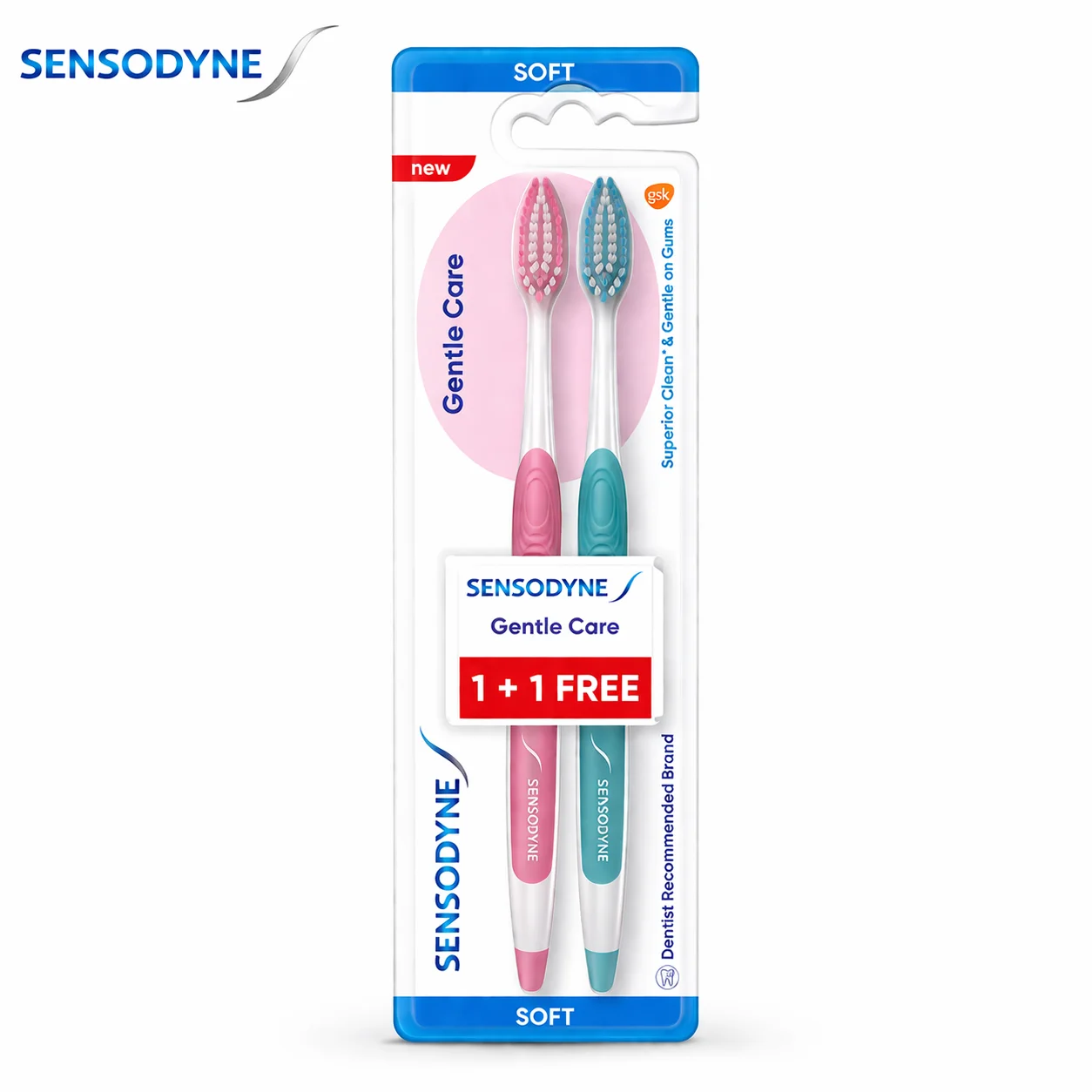 Sensodyne Gentle Care Toothbrush 2N | Soft Bristles for Sensitive Teeth & Gums | Deep Cleaning Small Head Brush | 1+1 Value Pack