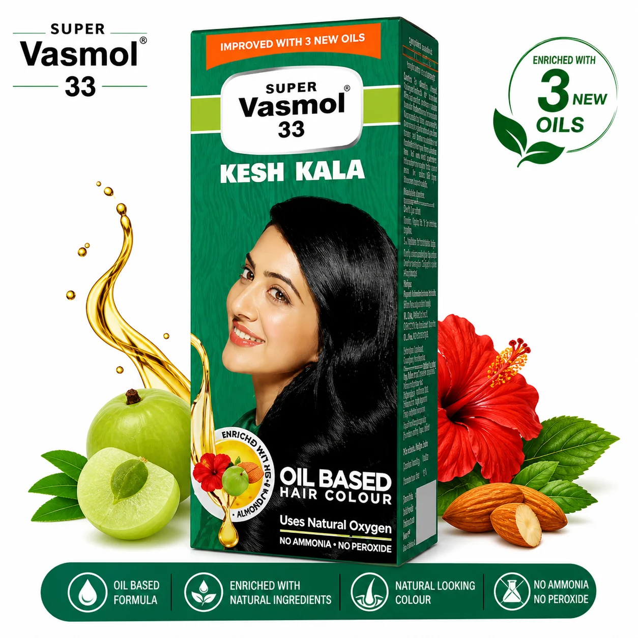 Super Vasmol 33 Kesh Kala Hair Colour 100ml | Natural Black Oil-Based Hair Dye | 100% Grey Coverage, Ammonia-Free, Long Lasting Shine