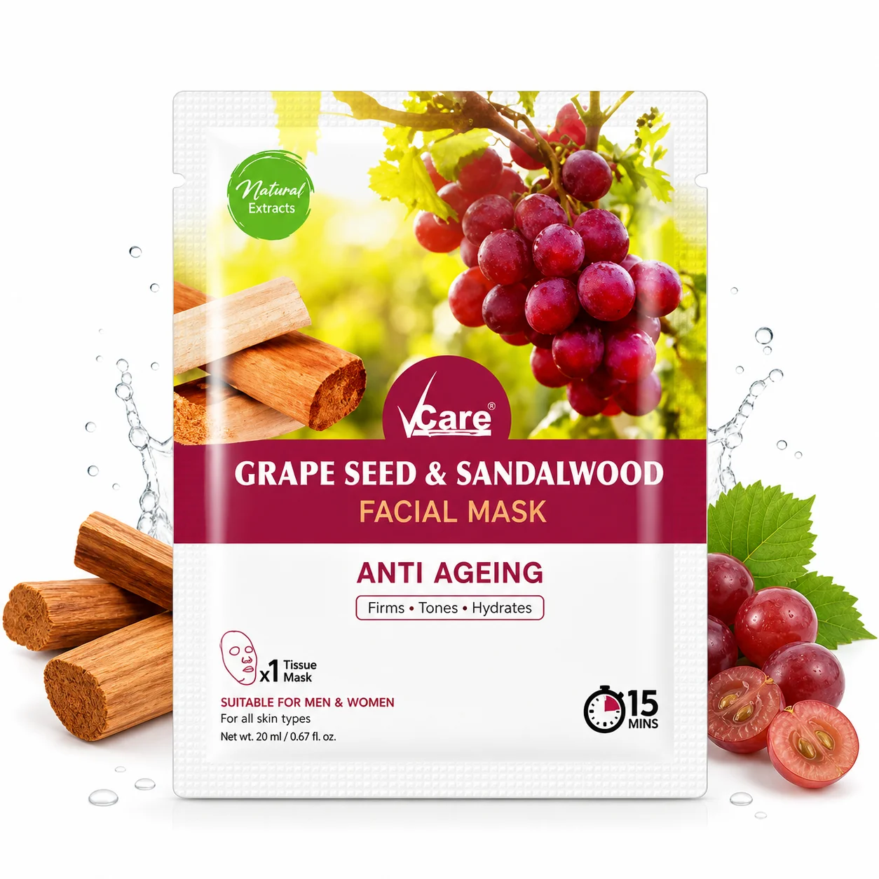Vcare Grape Seed & Sandalwood Facial Mask 30ml | Anti-Ageing Face Pack for Glowing Skin | Hydrating, Firming & Radiance Boost for All Skin Types