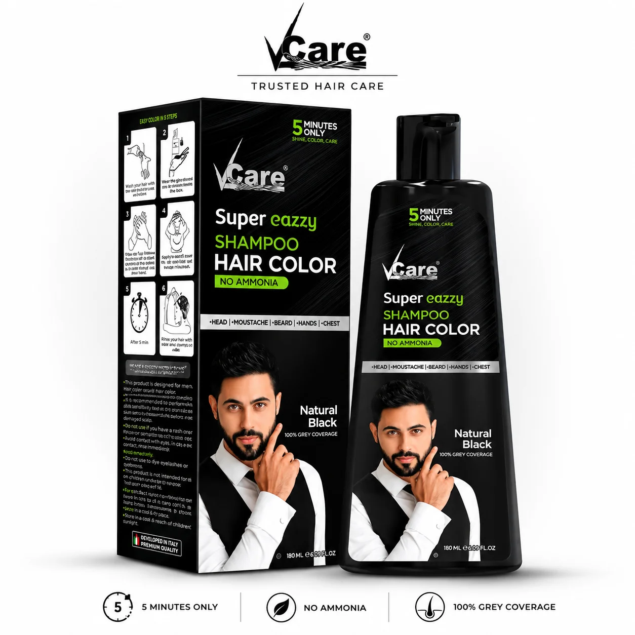 Vcare Super Eazzy Shampoo Hair Color 180ML | Natural Black No-Ammonia Hair Color Shampoo for 100% Grey Coverage in 5 Minutes