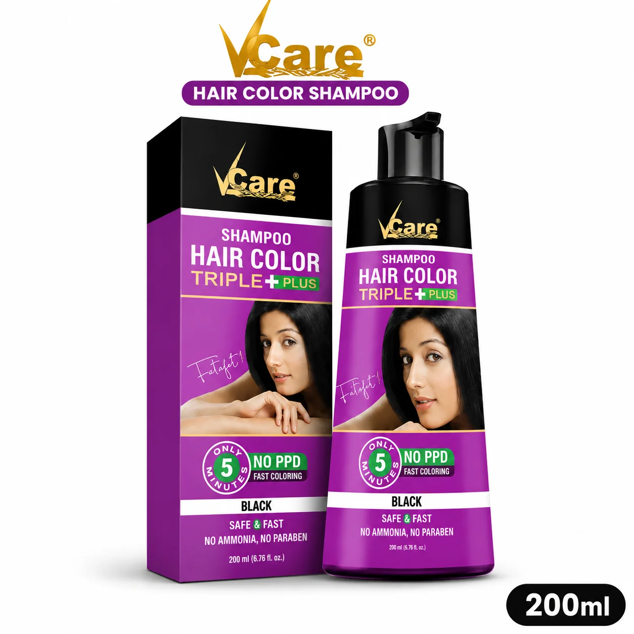 VCare Triple Plus Black Shampoo Hair Color 180Ml | No PPD Hair Dye Shampoo for Rich Black Color & Stronger Hair