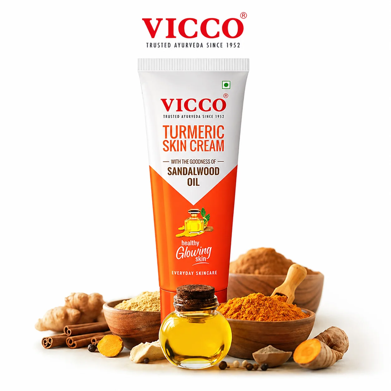 Vicco Turmeric & Sandalwood Oil Cream 50g | Ayurvedic Skin Care for Glowing, Clear & Healthy Skin | Daily Face Cream for Acne, Spots & Skin Protection