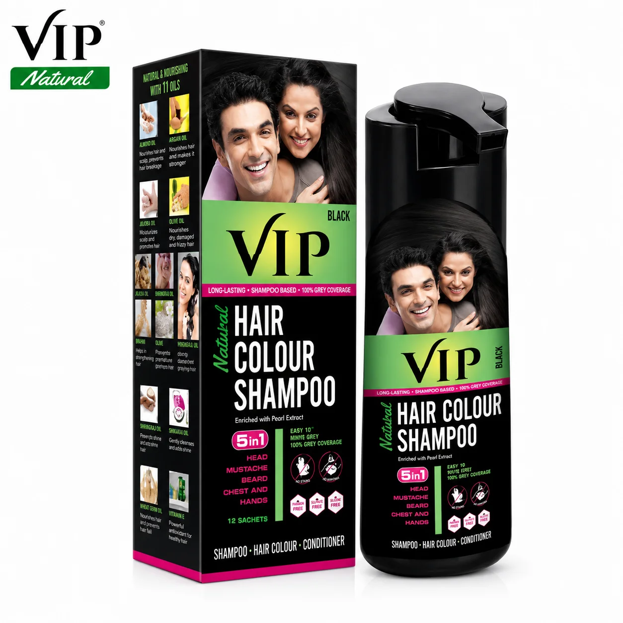 VIP Black Hair Colour Shampoo 180ML | 5-Minute Natural Black Hair Color with 100% Grey Coverage & No Ammonia