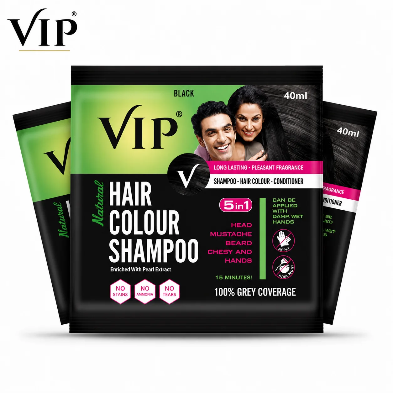 VIP Hair Colour Shampoo Black 40ml | 5-in-1 Instant Hair Dye Shampoo for Men | 100% Grey Coverage & Long-Lasting Natural Black Color