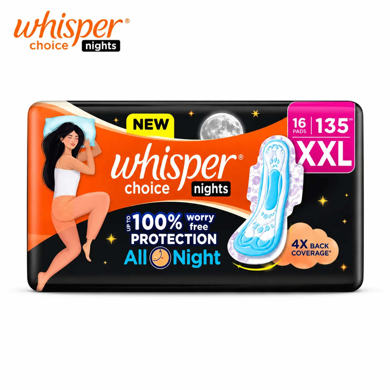 Whisper Choice Nights XXL Sanitary Pads 16 Pads | Extra Long Overnight Protection & Leak Lock Coverage for Heavy Flow Women