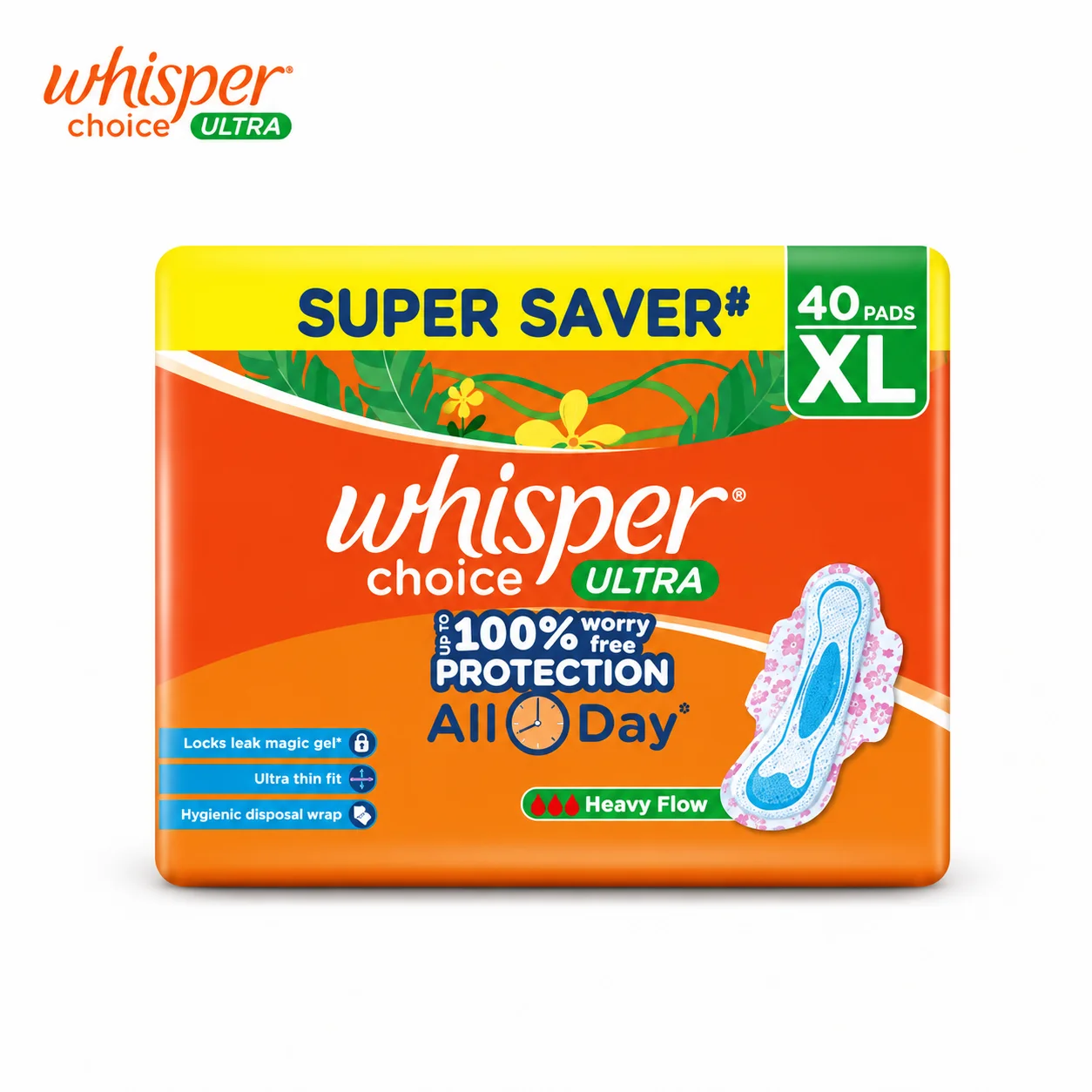 Whisper Choice Ultra XL Sanitary Pads 40 Pads | All-Day Heavy Flow Protection & Ultra Thin Comfort for Women