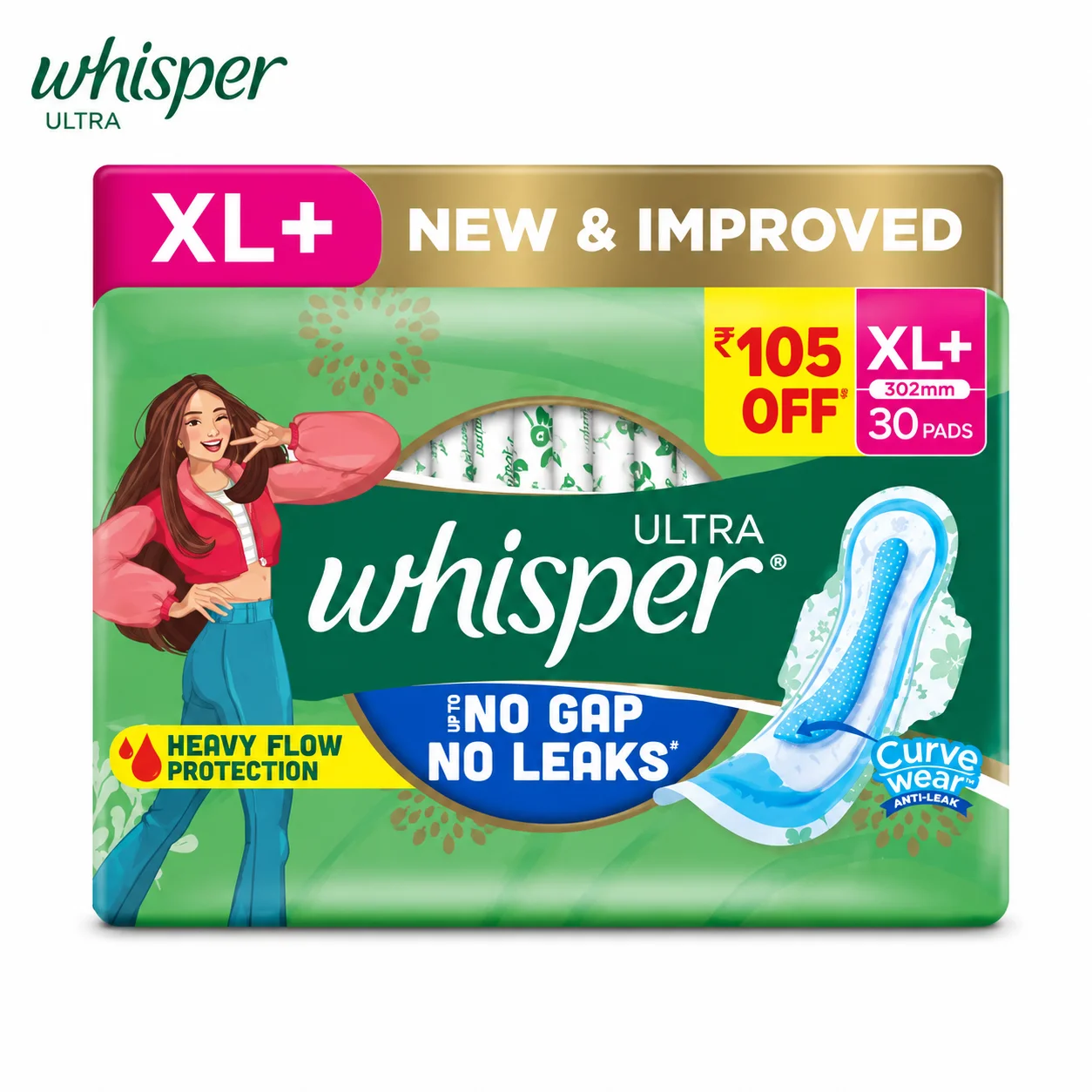 Whisper Ultra XL+ Sanitary Pads 30 Pads | Heavy Flow Protection with No Gap No Leaks & Curve Wear Comfort Fit