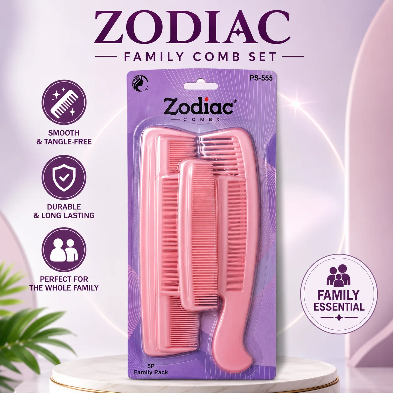 Zodiac 5-Piece Family Hair Comb Set | Premium Detangling & Styling Combs for Men, Women & Kids | Durable Anti-Static Hair Care Comb Kit. (Colors & Design May Vary)